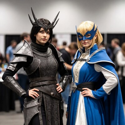 Two women in black and blue cosplay armor