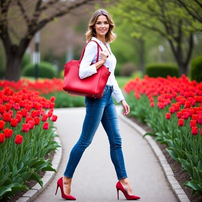 Woman walking with red bag in tulip garden