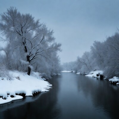 Snowy Trees Along Frozen River