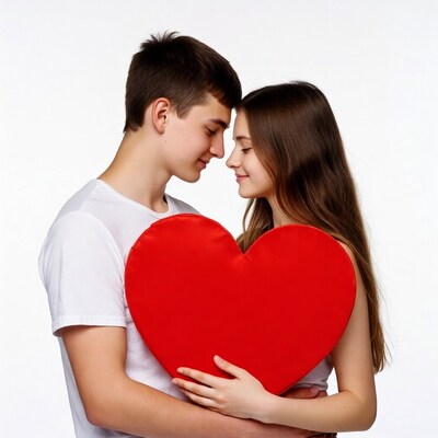 Young couple holding red heart