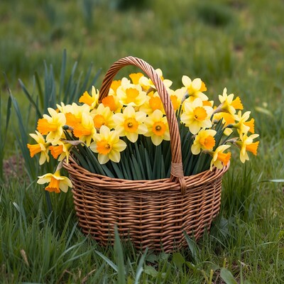 Basket of yellow daffodils in grass