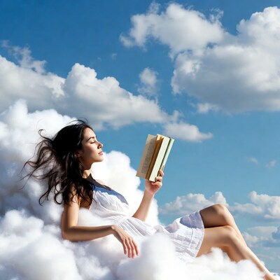 Woman reading book on clouds