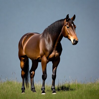 Bay horse standing in grass