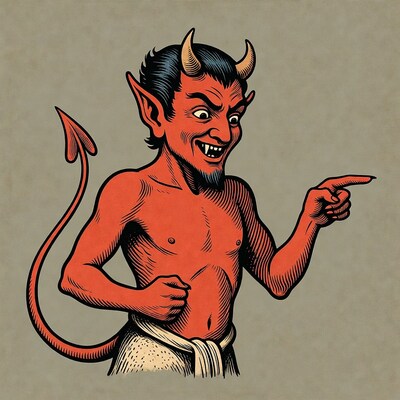 Cartoon devil pointing with fist clenched