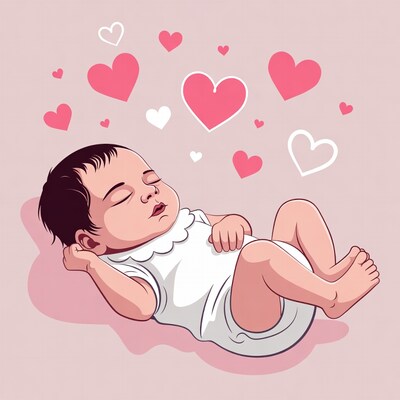 Sleeping Baby Surrounded by Hearts
