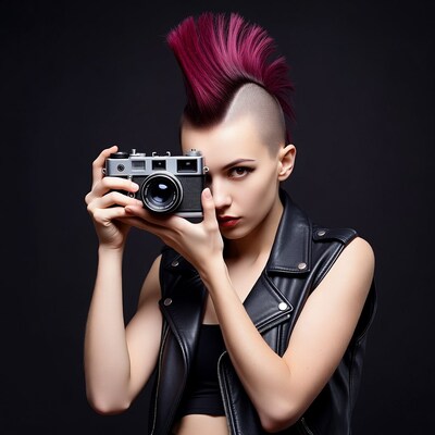 Woman with pink mohawk holding camera