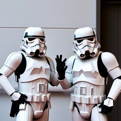 Two Stormtroopers waving together
