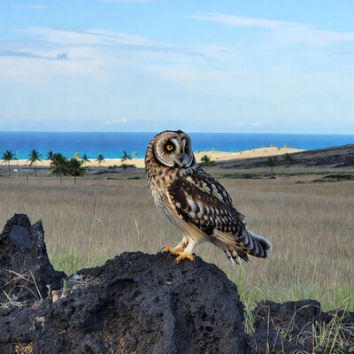 Short-eared owl on lava rock