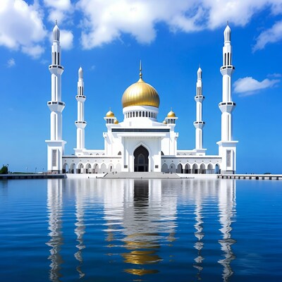 White Mosque with Golden Dome Reflection