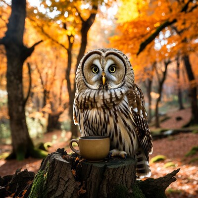 Owl holding coffee cup on stump