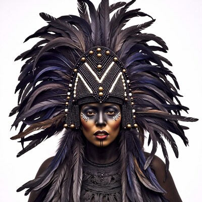 African woman in feathered headdress