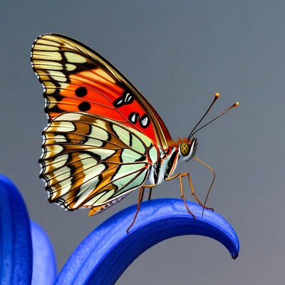 Colorful Butterfly on Blue Iris