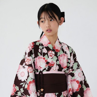 Japanese girl in pink floral kimono