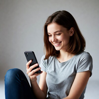 Smiling woman using smartphone sitting