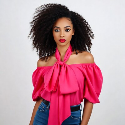 African-American woman in pink bow blouse