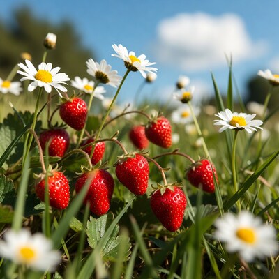 Ripe Strawberries with Daisies in Field