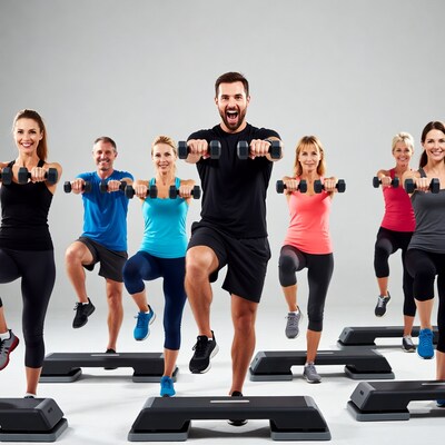 Group step aerobics class with dumbbells