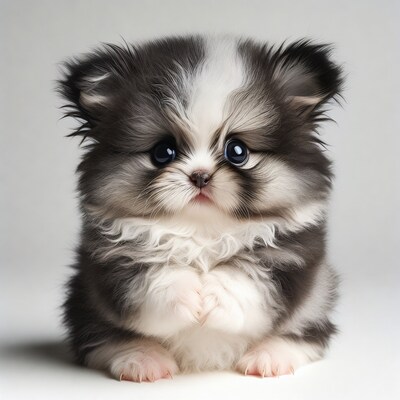 Fluffy black and white Pomeranian puppy