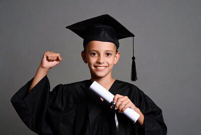 Boy in graduation gown holding diploma
