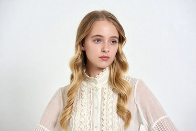 Blonde girl in lace blouse