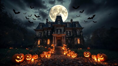 Haunted Mansion with Jack-o-Lanterns and Bats