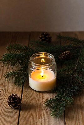 Lit Candle with Pine Branches and Cones
