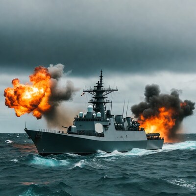 Frigate firing missiles at sea