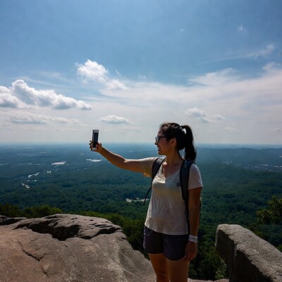 Asian woman taking selfie on mountain overlook