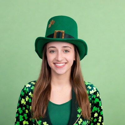 Girl in green leprechaun hat smiling
