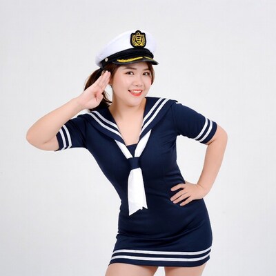 Asian woman saluting in navy sailor uniform