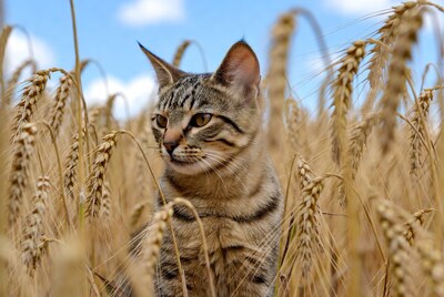 Tabby kitten in wheat field