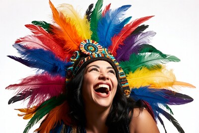 Woman smiling in colorful feather headdress