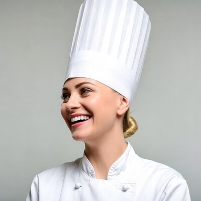 Smiling woman chef in white uniform