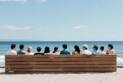 Group sitting on beach bench facing ocean