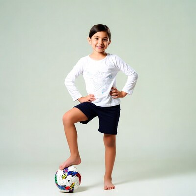 Girl balancing soccer ball barefoot