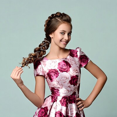 Girl with braided hair in rose dress
