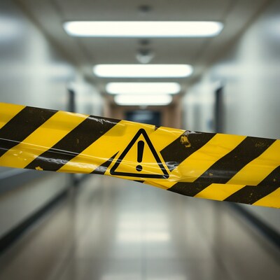 Caution Tape Blocking Hospital Corridor