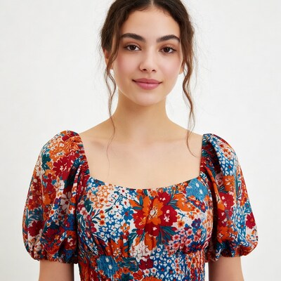 Woman in floral puff sleeve top