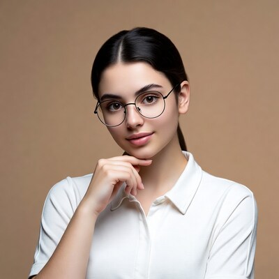Young woman in glasses chin resting