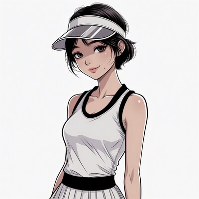 Asian woman in tennis outfit with visor