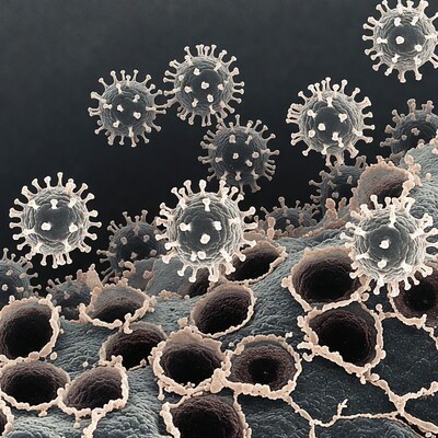 Coronavirus particles on cell surface