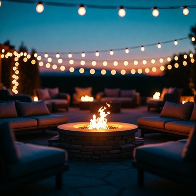 Outdoor Fire Pit with String Lights