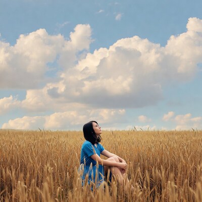 Woman sitting in wheat field