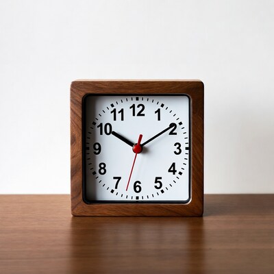 Wooden square clock showing 10:55