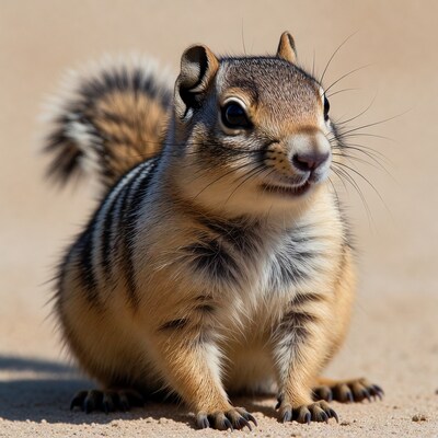 Cute chipmunk on sandy ground