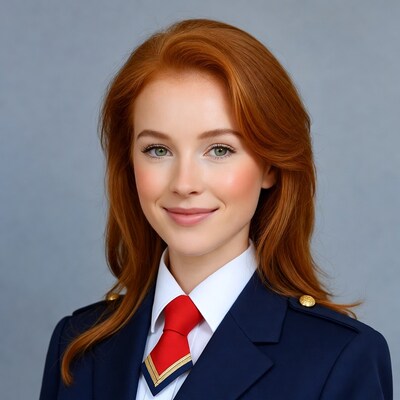 Redhead woman in navy uniform
