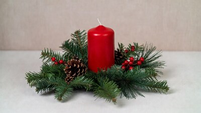 Red Candle with Christmas Wreath