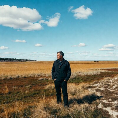 Man standing in golden marshland