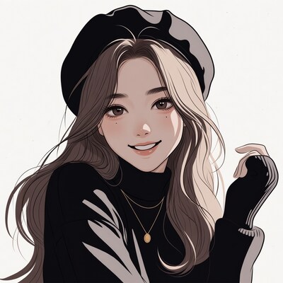 Smiling Asian girl in black beret