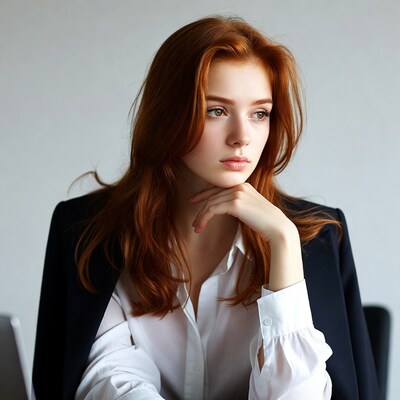 Redhead woman hand on chin